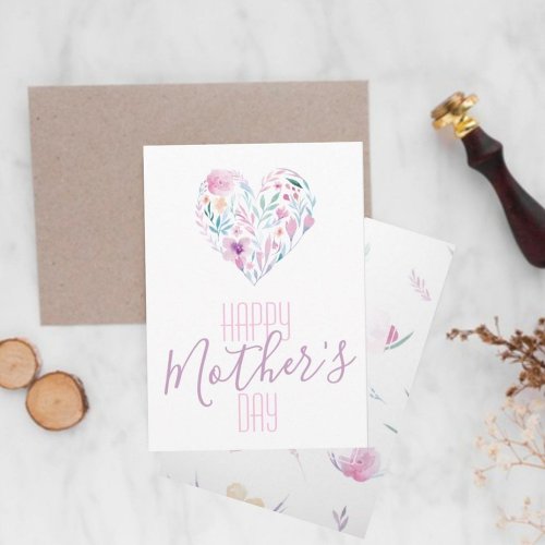 Fun Watercolor Flower Heart Happy Mothers day Card