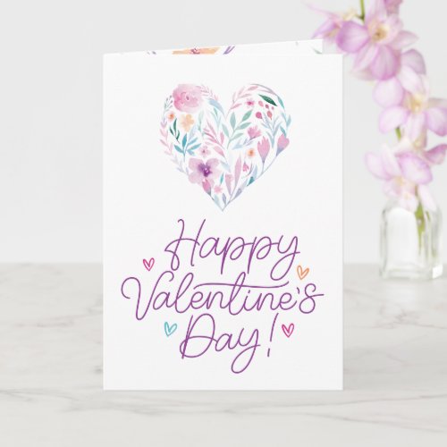 Fun Watercolor Flower Heart Happy Valentines Day Card