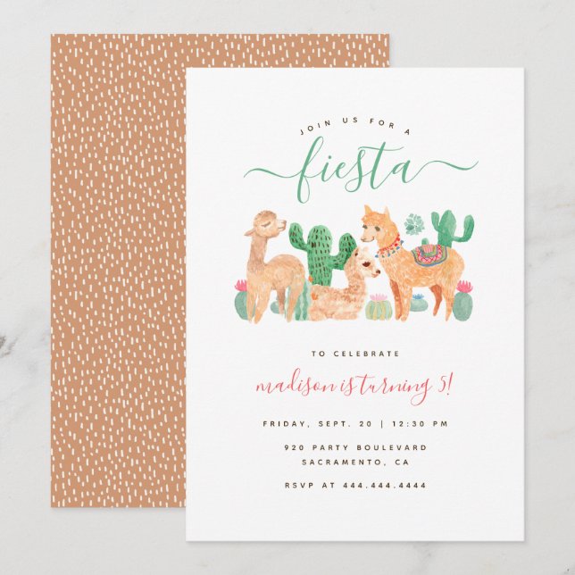 Fun Watercolor Llama Fiesta Kids Birthday Invitation (Front/Back)