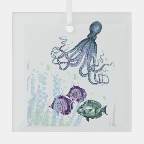 Fun Watercolor Octopus Fish Underwater Scene Glass Ornament