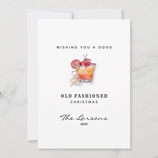 Fun Watercolor Old Fashioned Cocktail Christmas Holiday Card (Front)