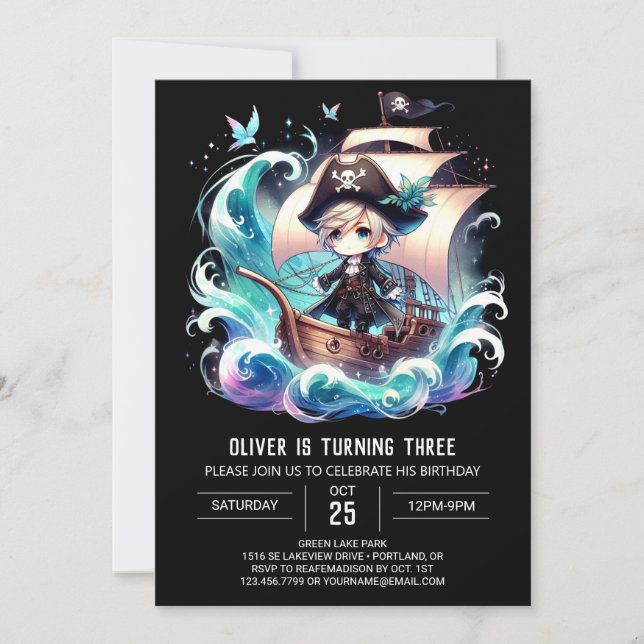 Fun Watercolor Pirate Birthday Invitation (Front)