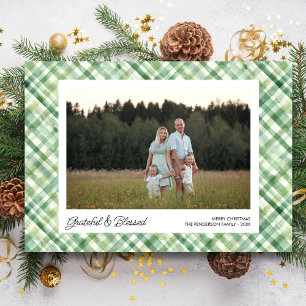 Fun Watercolor Plaid Check Christmas Photos Custom Holiday Postcard
