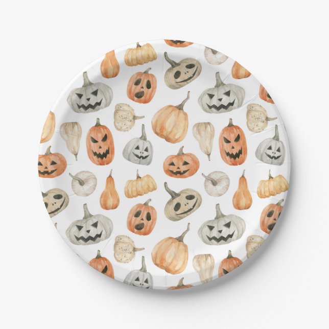 Fun Watercolor Pumpkin Pattern Paper Plates (Front)
