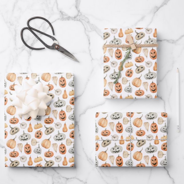 Fun Watercolor Pumpkin Pattern Wrapping Paper Sheets (Front)