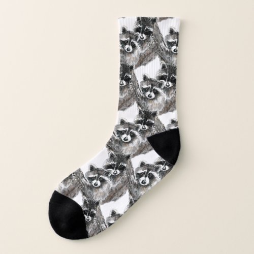 Fun Watercolor Raccoon Sibling Family Pattern Socks