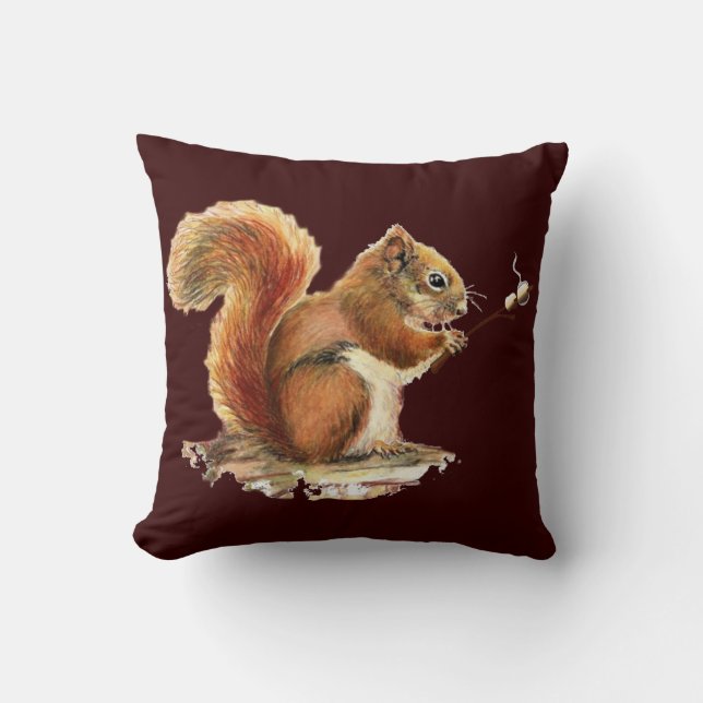 Fun Watercolor Red Squirrel roasting Marshmallows Throw Pillow (Front)