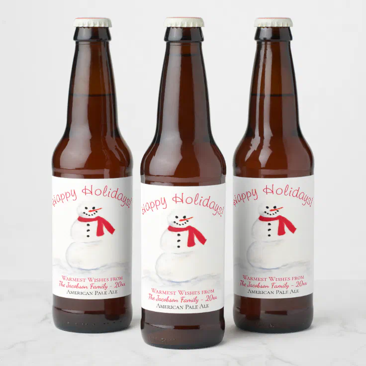 Fun Watercolor Snowman Happy Holidays Beer Bottle Label | Zazzle