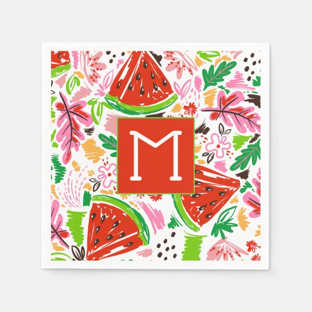 Fun Watermelon and Floral Pattern Monogram  Napkins (Front)