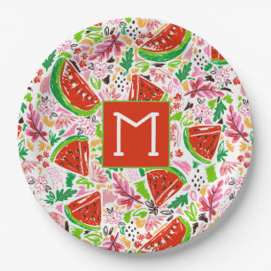 Fun Watermelon and Floral Pattern Monogram  Paper Plates
