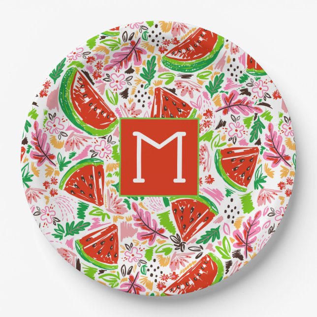 Fun Watermelon and Floral Pattern Monogram  Paper Plates (Front)