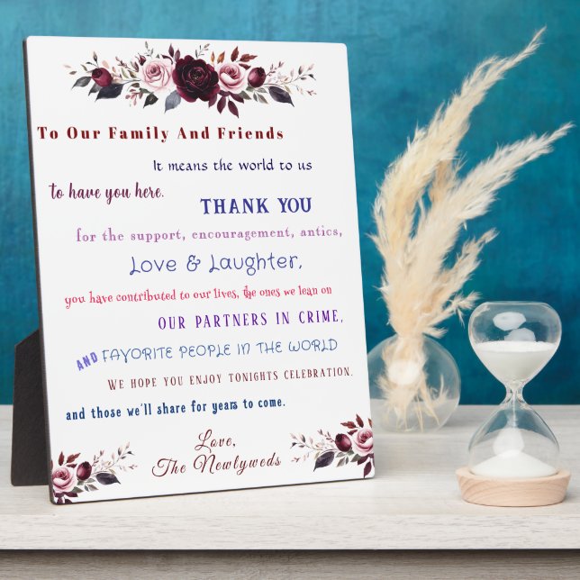 Fun Wedding Thank You Red Pink Roses Plaque (Side)