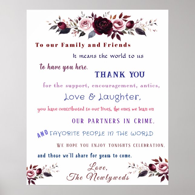 Fun Wedding Thank You Red Pink Roses Poster (Front)