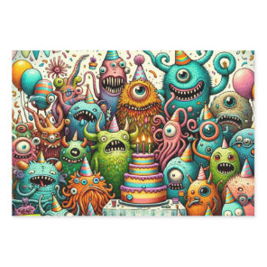 Fun Weird Creatures at a Birthday Party Wrapping Paper Sheets