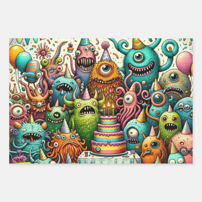 Fun Weird Creatures at a Birthday Party Wrapping Paper Sheets (Front)