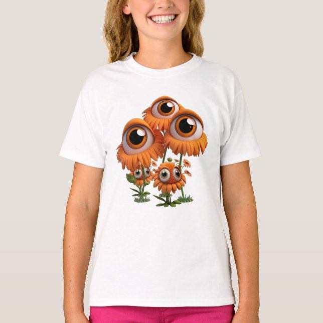 Fun Weird Orange Flowers Eyeball T-Shirt (Front)