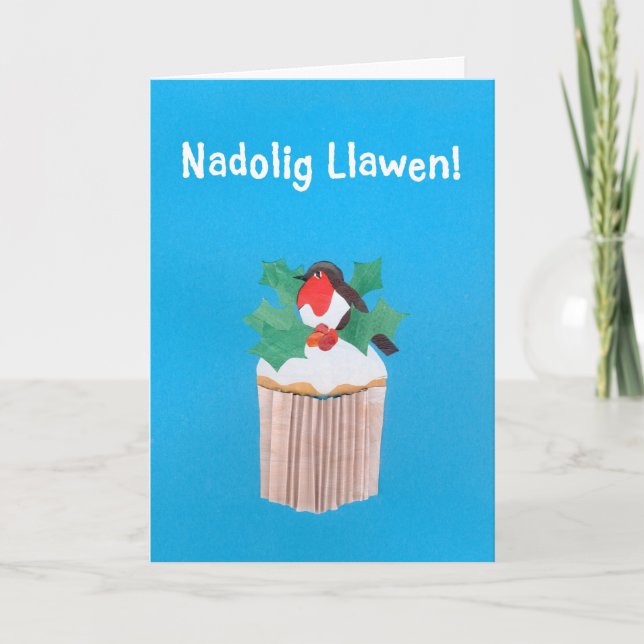 Fun Welsh Christmas Card, Cupcake with Robin Holiday Card (Front)