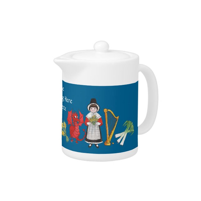 Fun Welsh Costume and Emblems on Blue China Teapot (Right)
