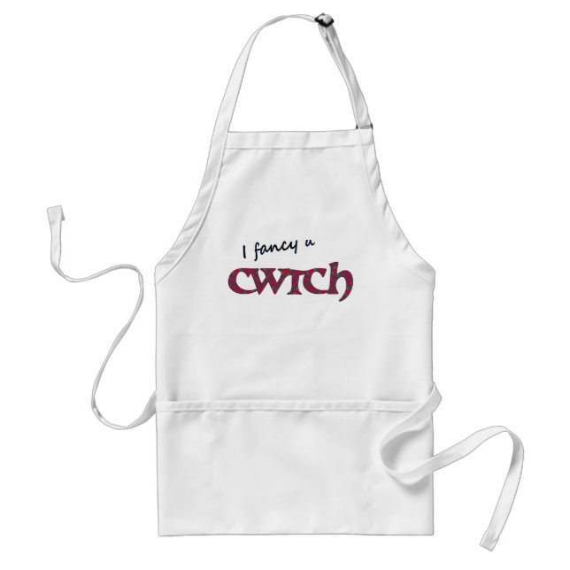 Fun Welsh Cwtch Apron: Red Green Geometric Pattern Adult Apron (Front)