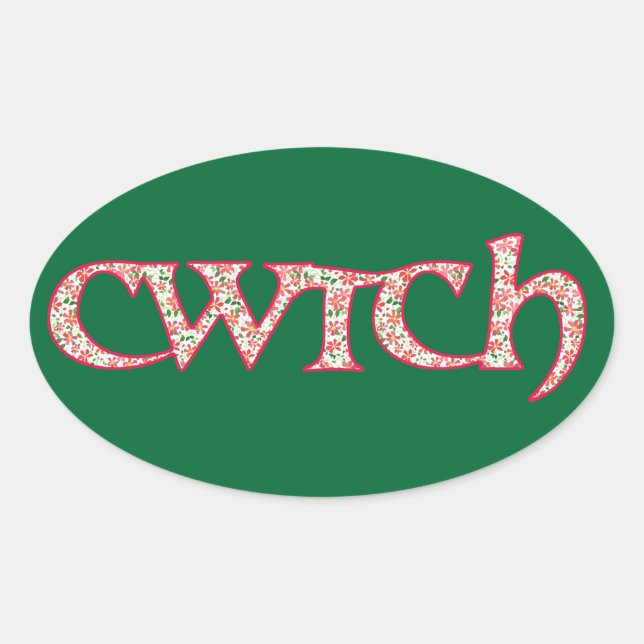 Fun Welsh Cwtch Stickers: Clematis Pattern Oval Sticker (Front)