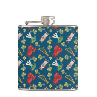 Fun Welsh Emblems on Blue Hip Flask