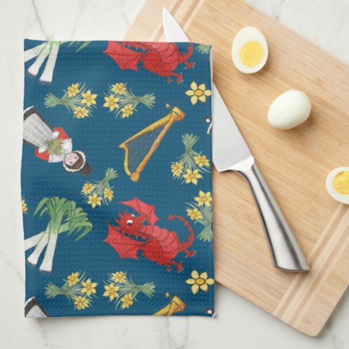 Fun Welsh Emblems on Blue Kitchen Towel Tea Towel