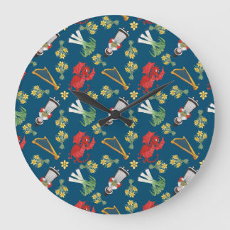 Fun Welsh Emblems on Blue Round Wall Clock
