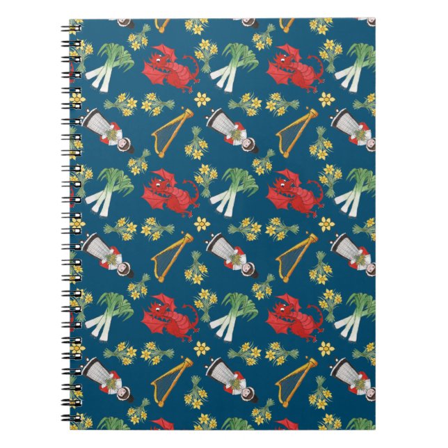 Fun Welsh Emblems on Blue Spiral Notebook (Front)
