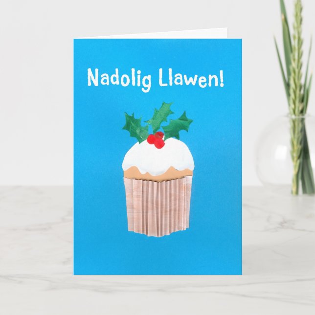 Fun Welsh Language Christmas Card Cupcake, Holly (Front)