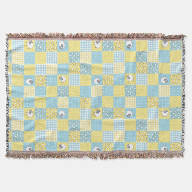 Fun Welsh Sheep Faux Patchwork Blue Yellow Gingham Throw Blanket (Front)