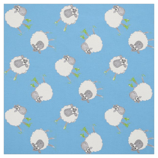 Fun Welsh Sheep on Blue Pattern Fabric (Swatch)