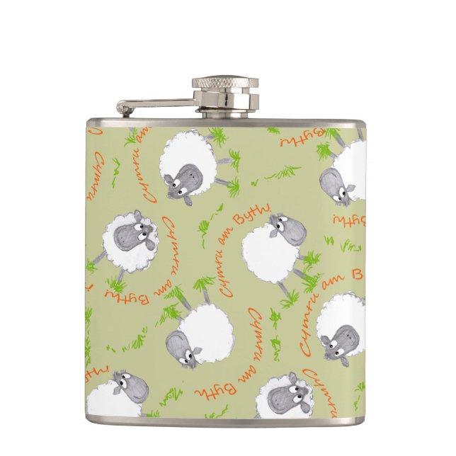Fun Welsh Sheep, Wales Forever Hip Flask (Front)