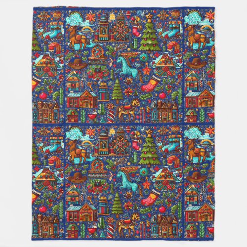 Fun Western Pattern Christmas Blue Fleece Blanket