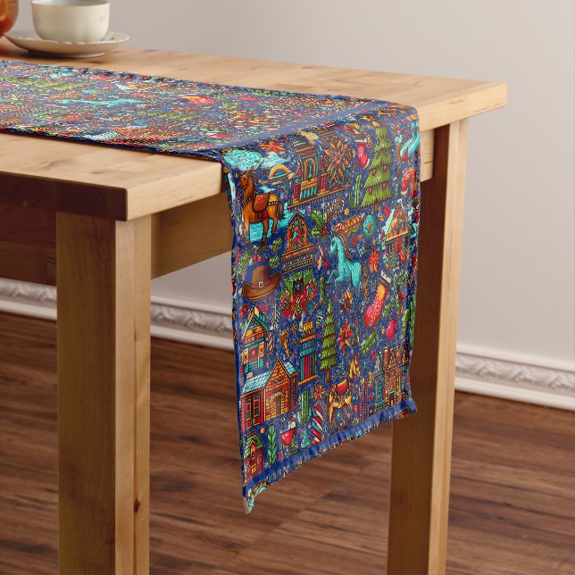 Fun Western Pattern Christmas Blue Short Table Runner (In Situ)