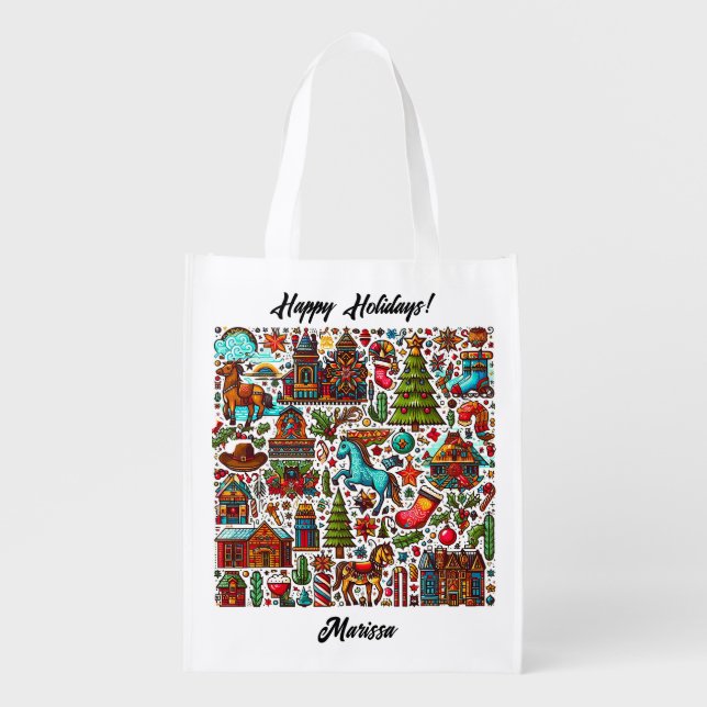 Fun Western Pattern Christmas Grocery Bag (Front)