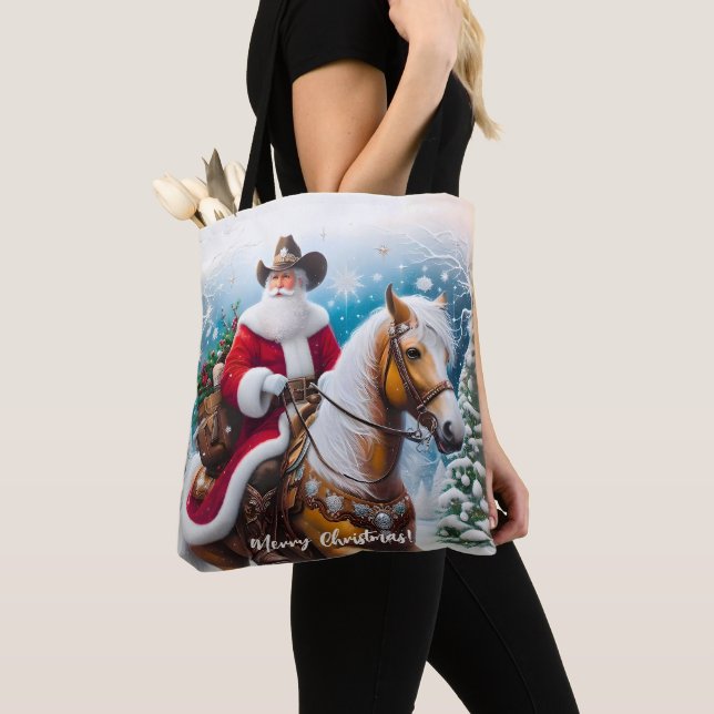Fun Western Santa Christmas Tote Bag (Close Up)