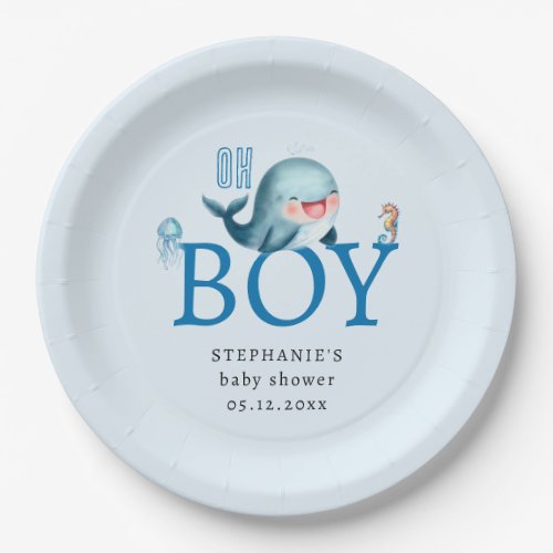 Fun Whale Under Sea Watercolor Boy Baby Shower Paper Plates