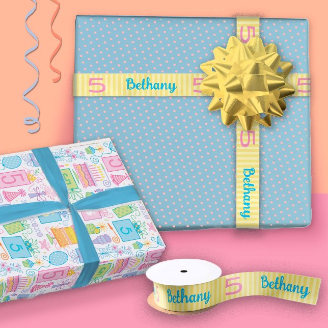 Fun Whimsical 5th Birthday Yellow Name Satin Ribbon (Creator Uploaded)