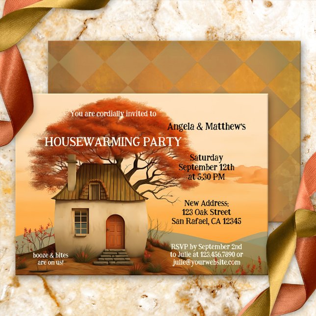 Fun Whimsical Artistic Housewarming Invitation (Fun housewarming party invitation featuring a modern art painting of a whimsical home with tree)