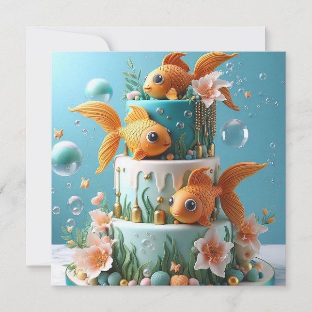FUN WHIMSICAL BIG EYED GOLDFISH  BIRTHDAY CAKE CARD (Front)