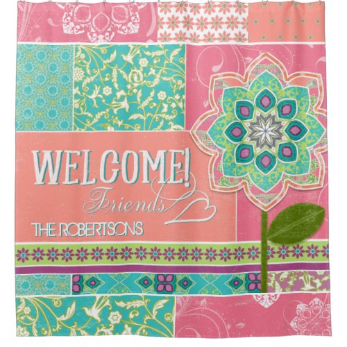 Fun Whimsical Bright Color Boho Cottage Welcome Shower Curtain