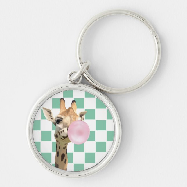 Fun Whimsical Bubblegum Blowing Giraffe  Keychain (Front)