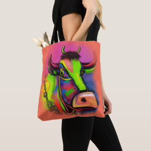 Fun Whimsical Colorful Art Cow Tote
