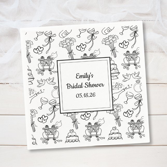 Fun Whimsical Doodle Trendy Cute Bridal Shower Napkins (Custom bridal shower napkins featuring whimsical wedding icons – perfect for a trendy celebration.)