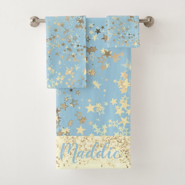 Fun Whimsical Gold Stars on Blue Personalized Bath Towel Set (Insitu)