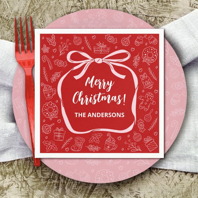 Fun Whimsical Hand Drawn Bow Christmas Napkins (Personalize this cute Christmas party napkin with your name.)