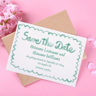 Fun Whimsical Hand Drawn Olive Green White Save The Date