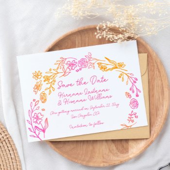 Fun Whimsical Hand Drawn Pink Orange Floral Save The Date by pinkpinetree at Zazzle