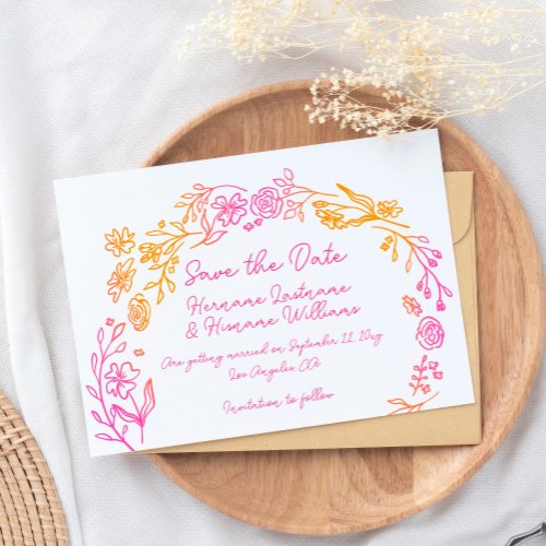 Fun Whimsical Hand Drawn Pink Orange Floral Save The Date