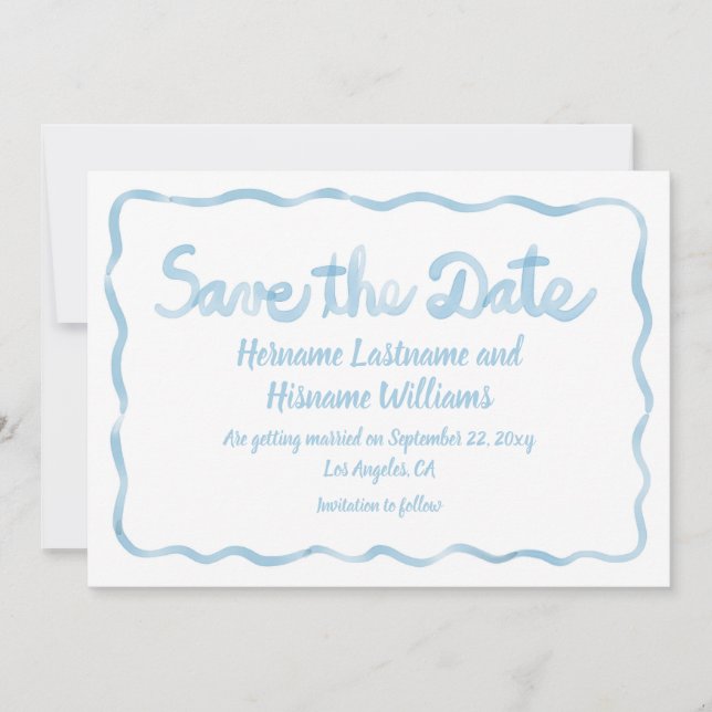 Fun Whimsical Hand Drawn Wavy Light Blue White Save The Date (Front)